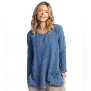jess & jane Mineral Washed Gauze Tunic‎ Top with Pocket Relaxed Boxy 3/4 Sleeve